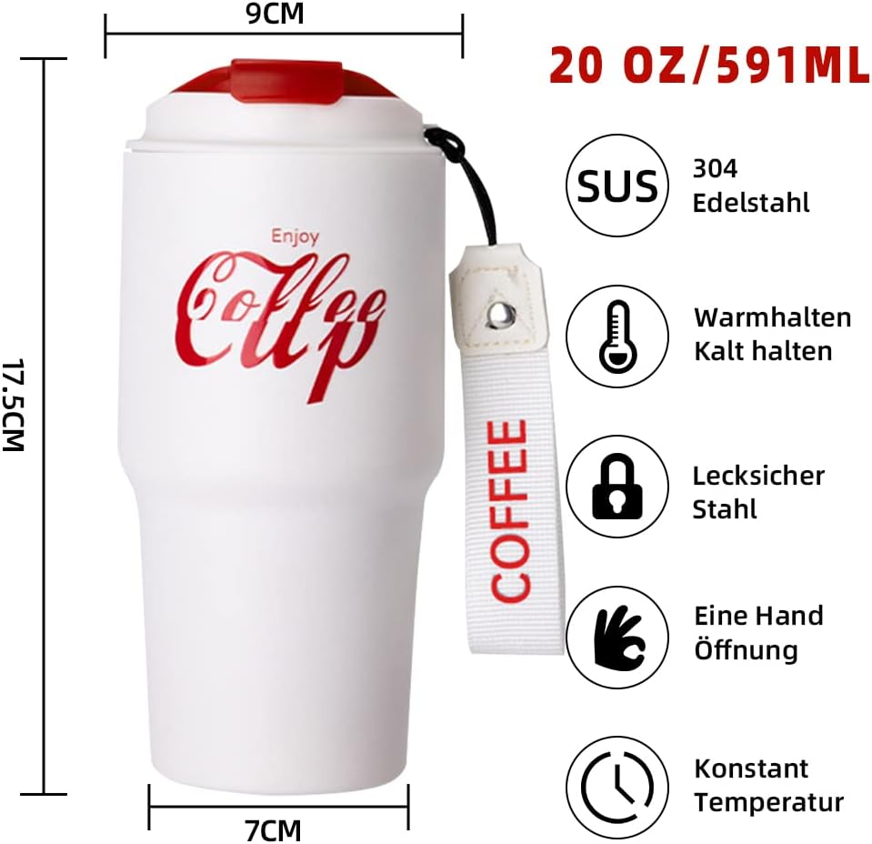 Thermal Mug Coffee 590 ml, Stainless Steel Travel Mug with Leak-Proof Lid, Double-Walled Insulated