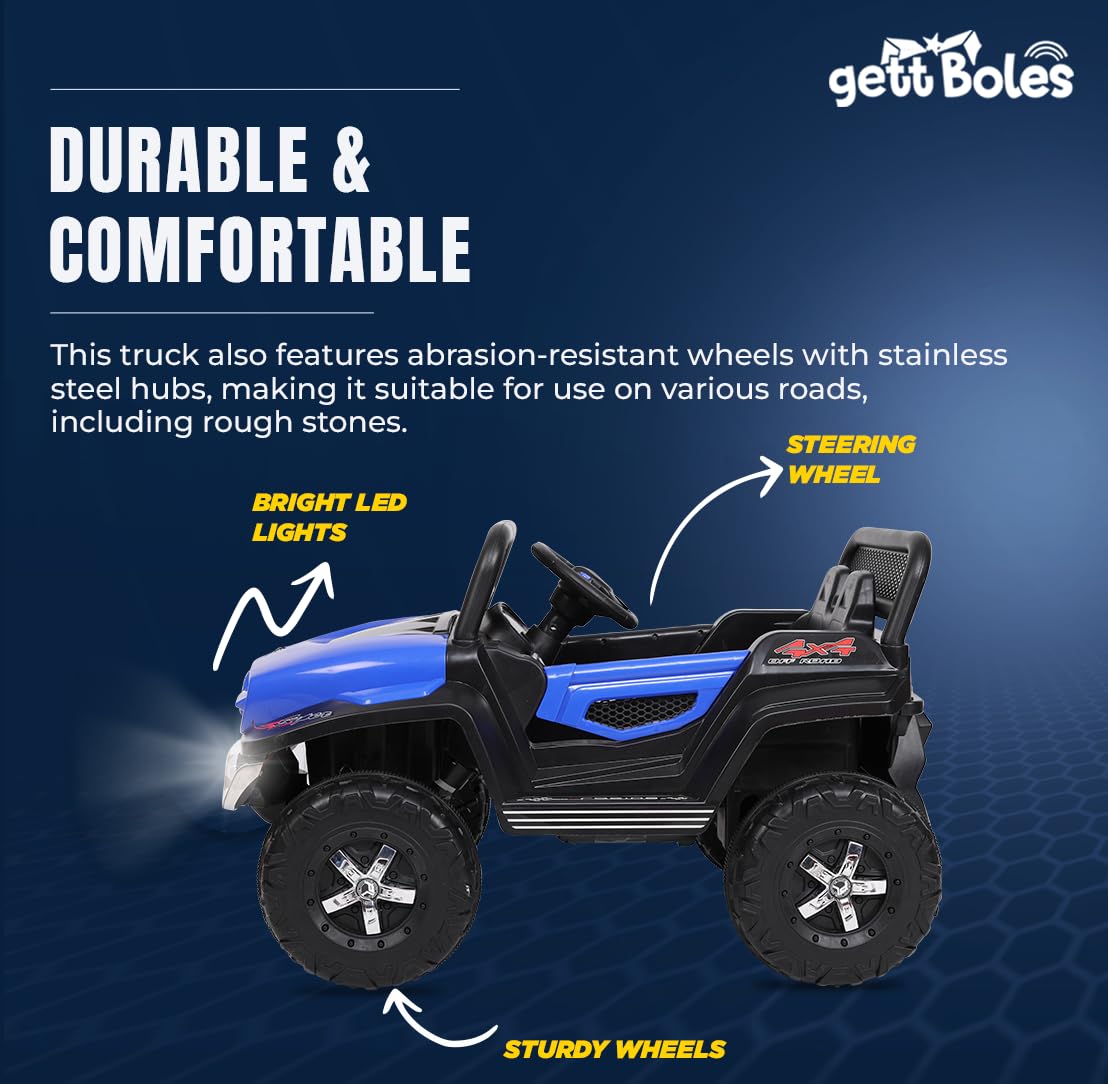 GettBoles Battery Operated Ride on Jeep for Kids- Electrical Car with Manual Drive, Bluetooth Remote, Realistic Mp3 Player, 12V Rechargeable Batteries and Safety Belt (Blue)