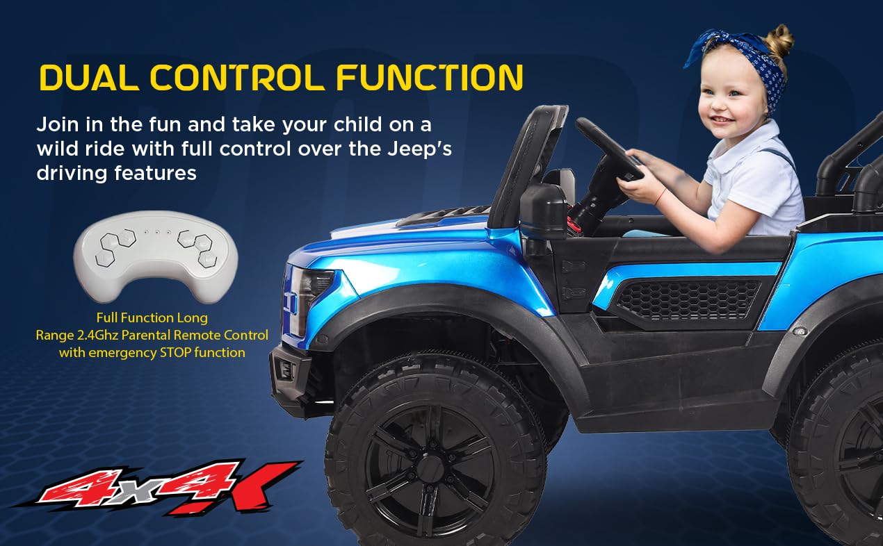 GettBoles Electric Battery Operated Ride on Jeep for Kids of Age 2 to 6 Years- The Metallic Painted Driving Ride on Car with Music, Lights and Bluetooth Remote Control (Blue)