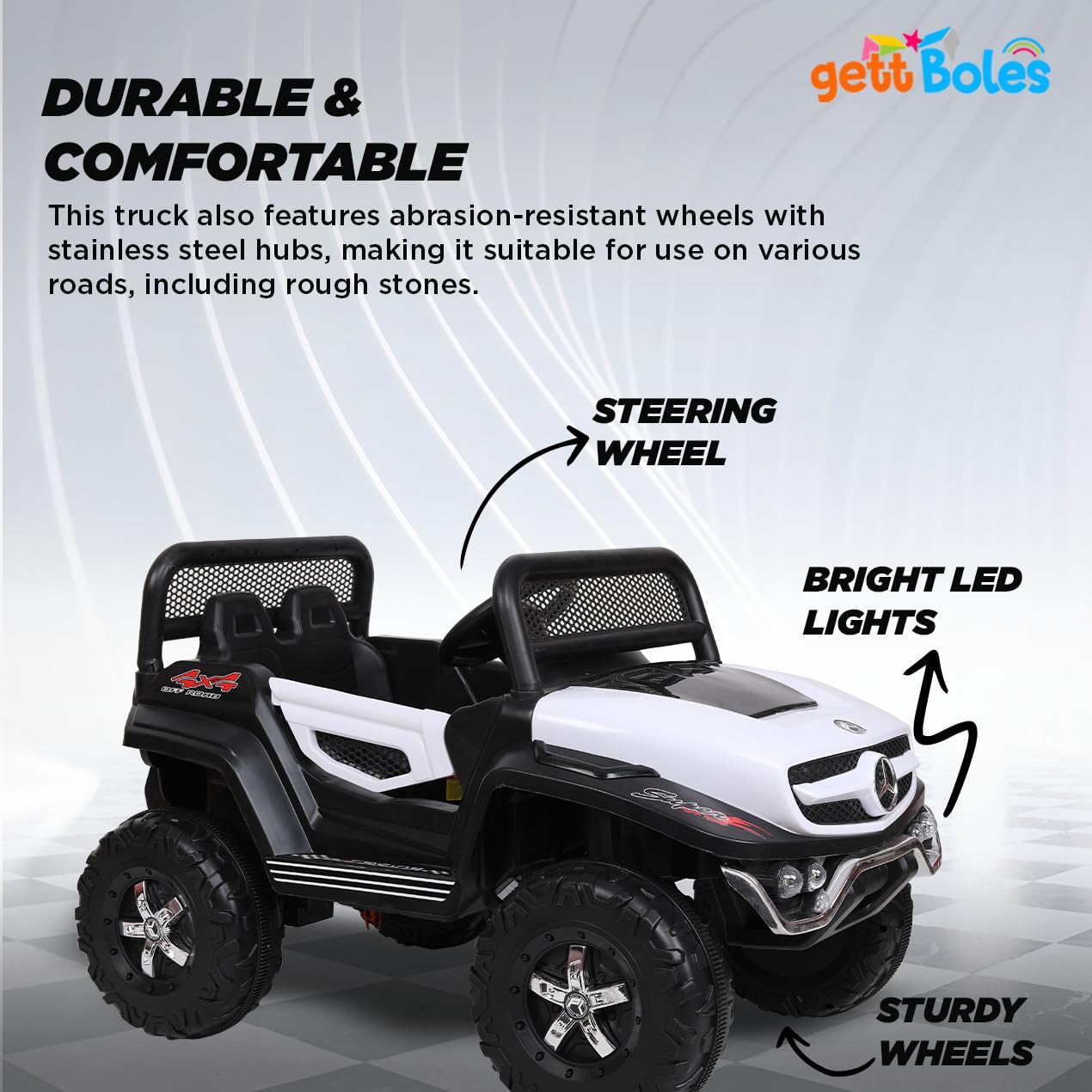 GettBoles Battery Operated Ride on Jeep for Kids- Electrical Car with Manual Drive, Bluetooth Remote, Realistic Mp3 Player, 12V Rechargeable Batteries and Safety Belt (White)
