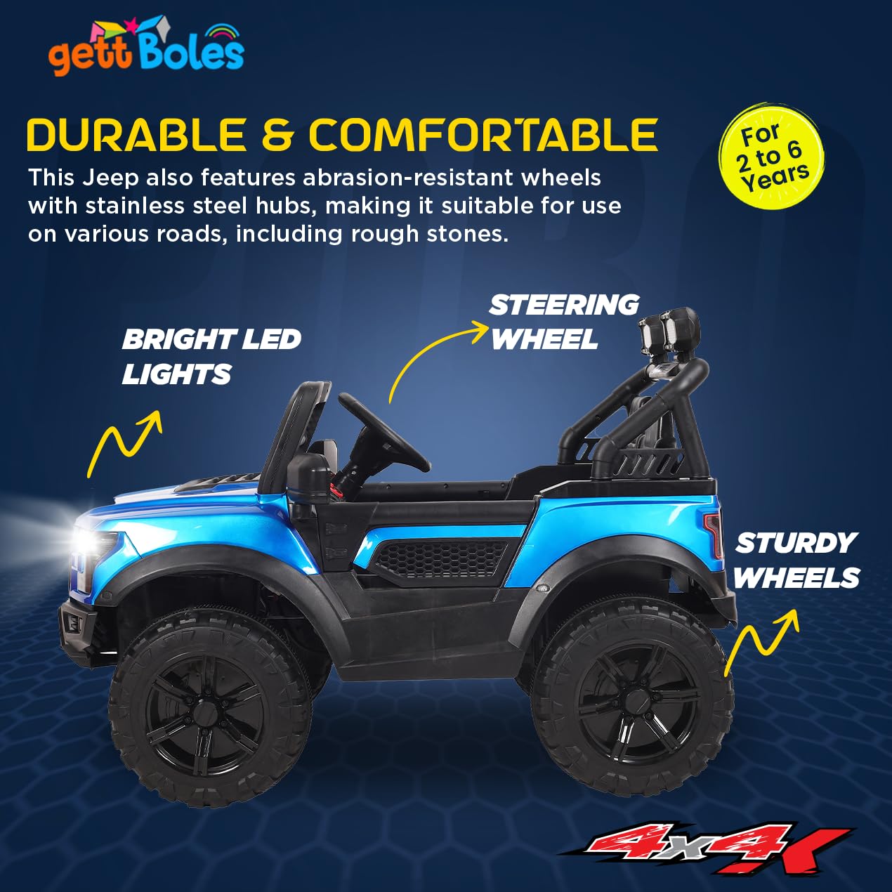 GettBoles Electric Battery Operated Ride on Jeep for Kids of Age 2 to 6 Years- The Metallic Painted Driving Ride on Car with Music, Lights and Bluetooth Remote Control (Blue)