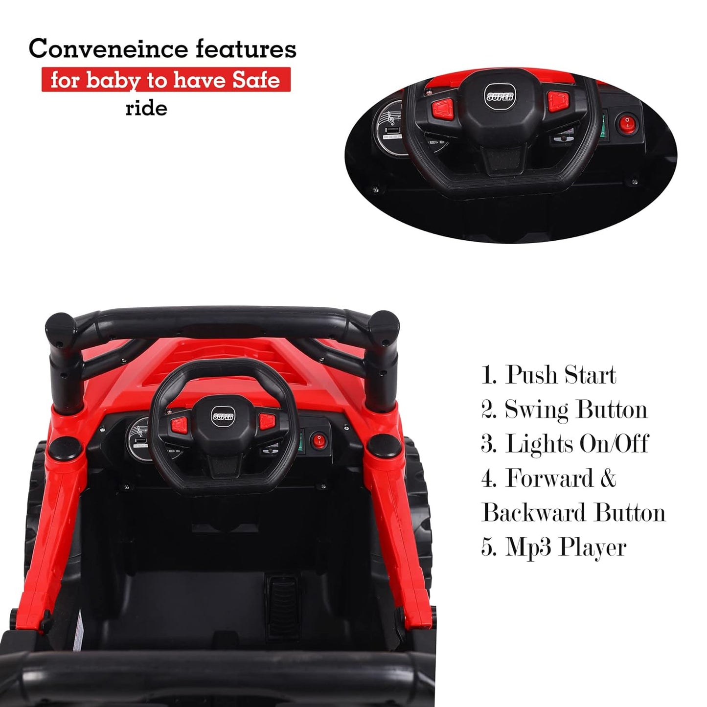 GettBoles 907 4X4 Electric Rechargeable Ride on Jeep for Kids of Age 2 to 4 Years- The Battery Operated Kids Jeep with Music, Led Lights and Bluetooth Remote (Red)