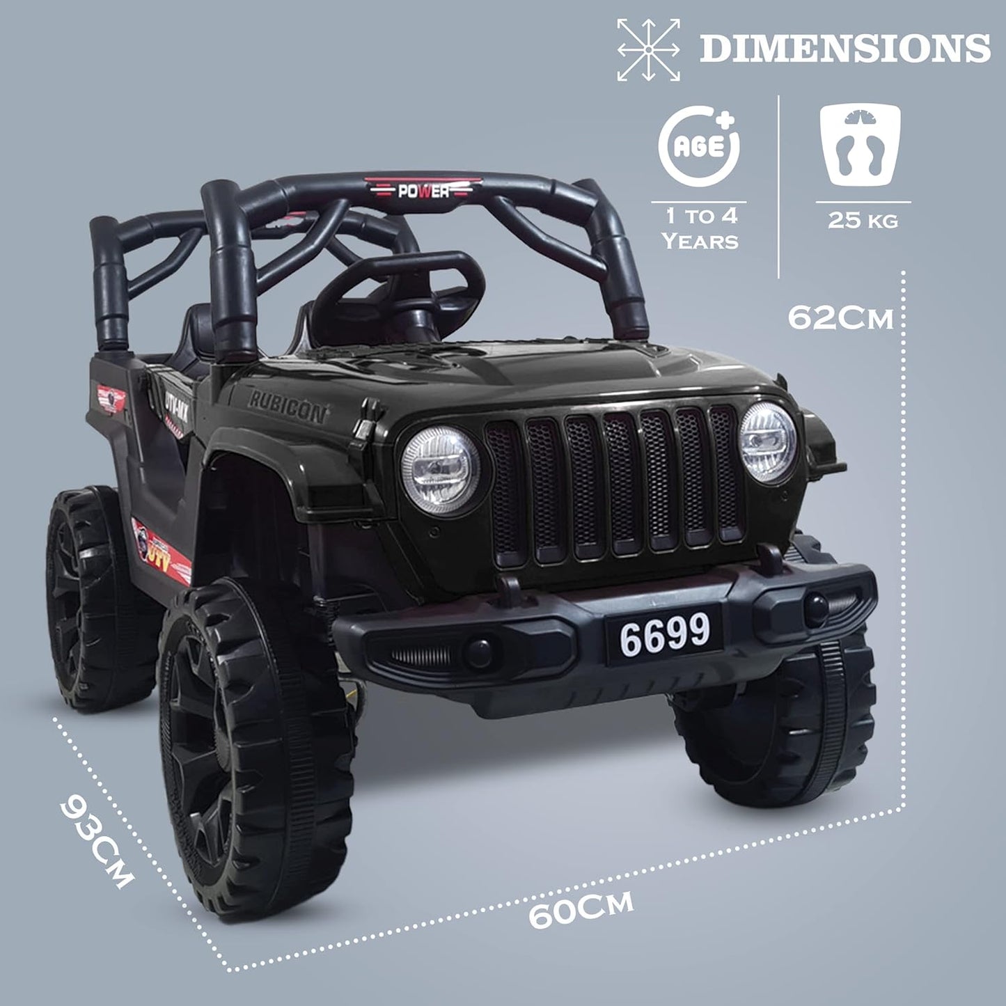 GettBoles 908 Electric Ride on Jeep for Kids with Music, Led Lights, Swing, Bluetooth Remote and 12V Battery Operated Car for1 to 4 Years Children to Drive (Metallic Black