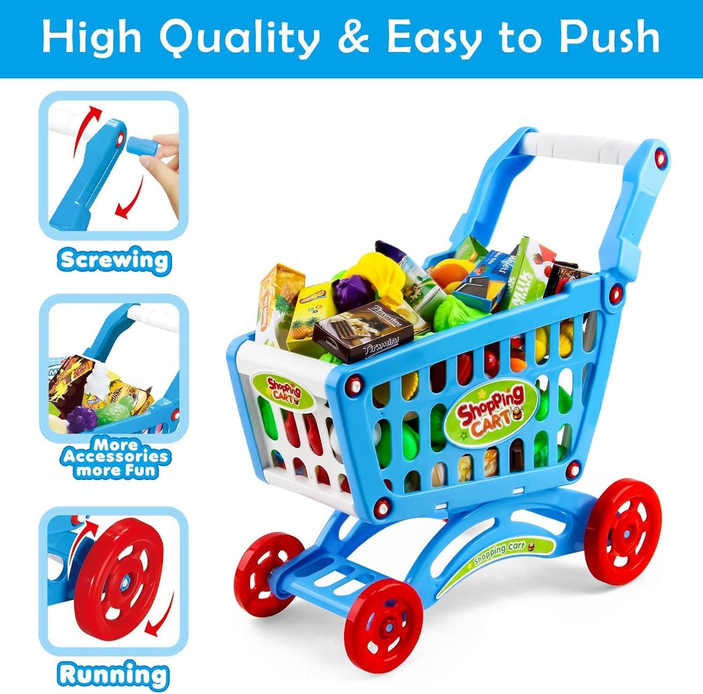 GetBest Shopping Cart Trolley Play Set includes Grocery Food Fruit Vegetables Shop Accessories (Blue)