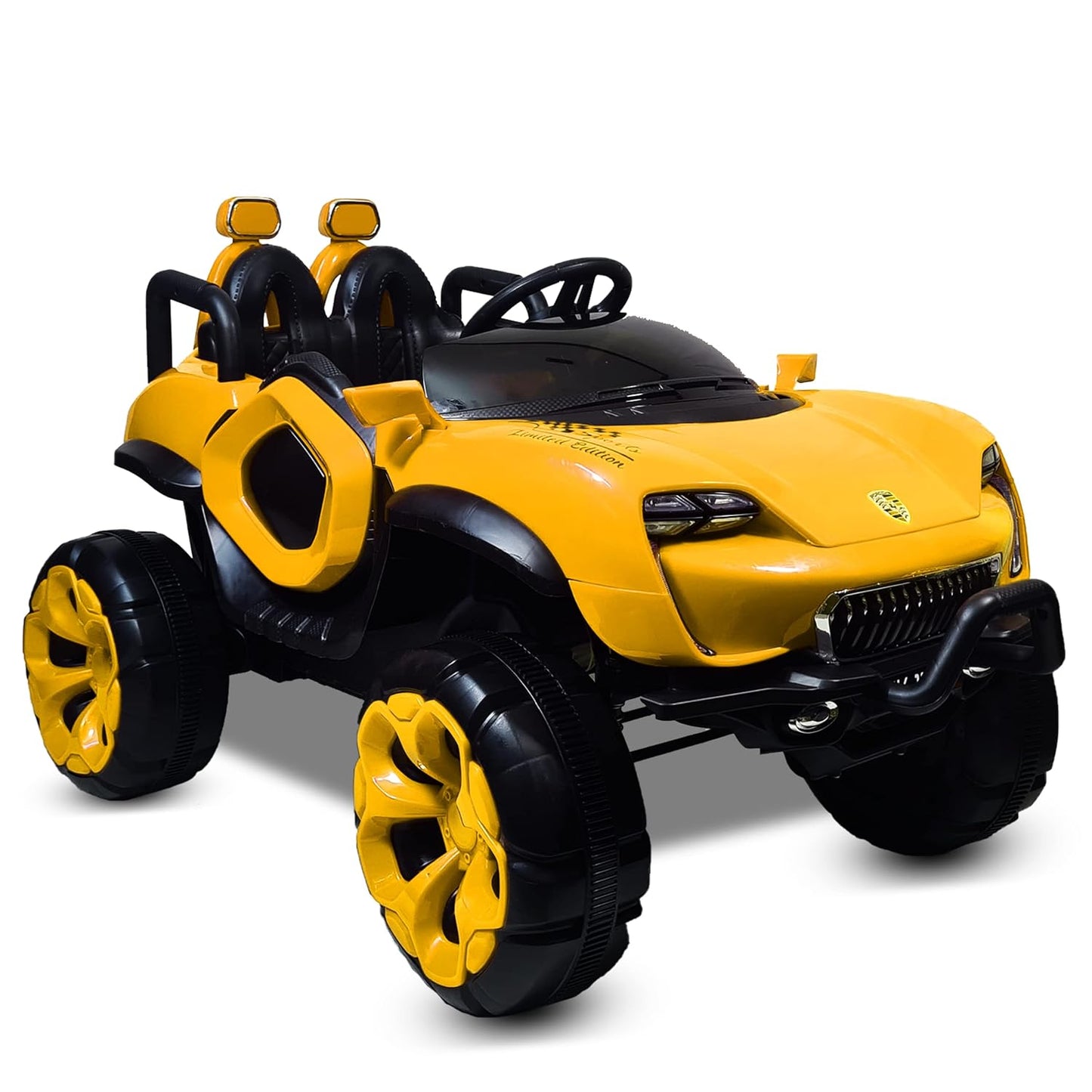 GettBoles Max-D Ride on Monster Truck Jeep for Kids- The Electric Rechargeable Big Wheeler Jeep with Colored Alloys, Music, Led Lights and Swing| Battery Car for 2 to 8 Years Kid (Yellow)