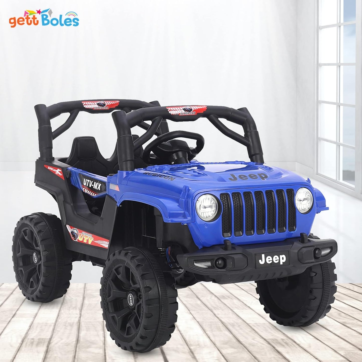 GettBoles 908 Electric Ride on Jeep for Kids with Music, Led Lights, Swing, Bluetooth Remote and 12V Battery Operated Car for1 to 4 Years Children to Drive (Blue)