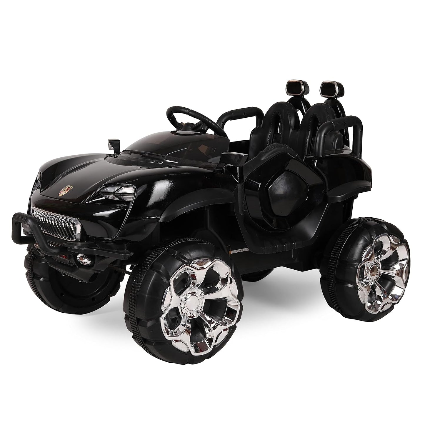 GettBoles Ride on Monster Truck Jeep for Kids- The Electric Rechargeable Big Wheeler Jeep with Colored Alloys, Music, Led Lights and Swing| Battery Car for 2 to 6 Years Kid Metallic (Black)