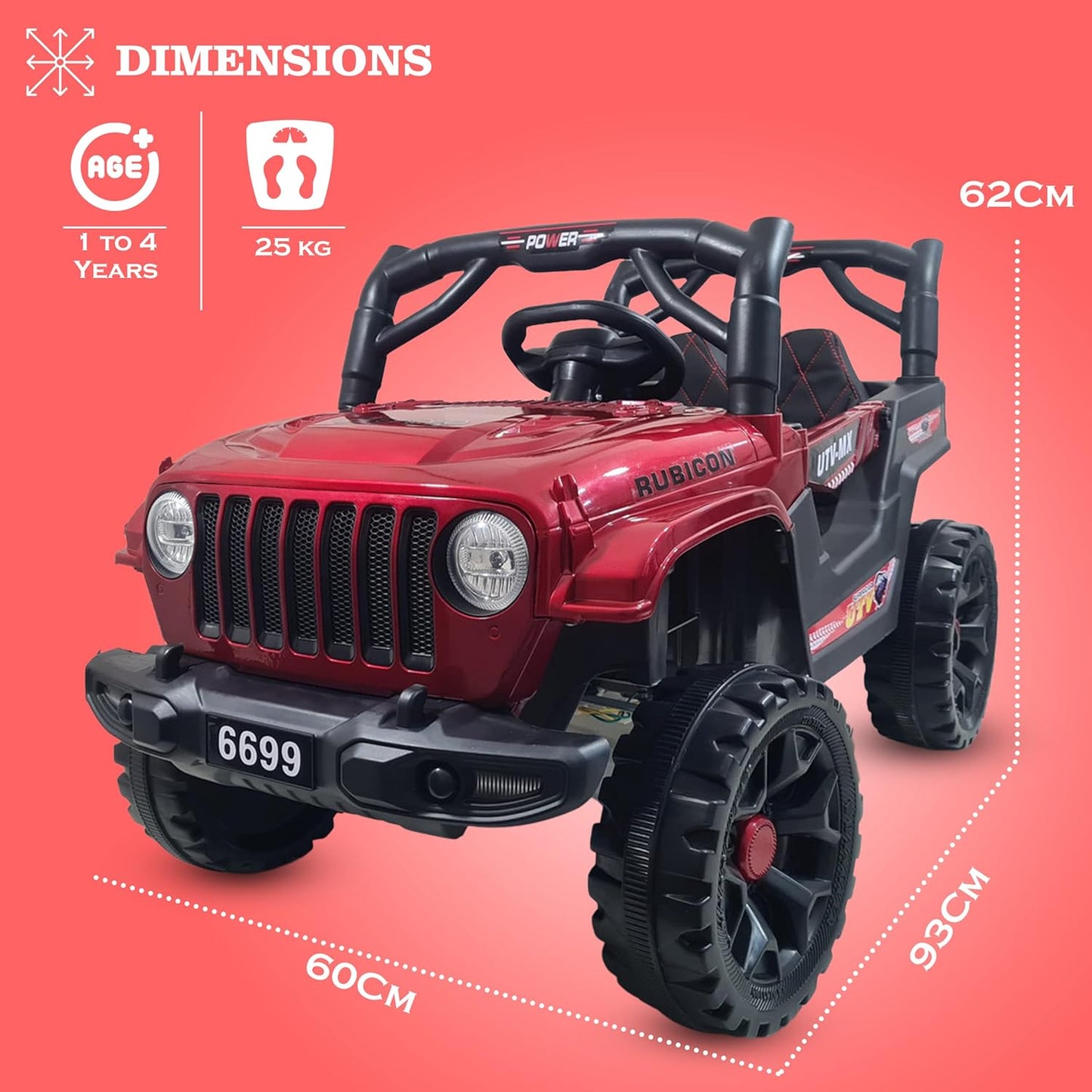 GettBoles 908 Electric Ride on Jeep for Kids with Music, Led Lights, Swing, Bluetooth Remote and 12V Battery Operated Car for1 to 4 Years Children to Drive (Metallic Red)