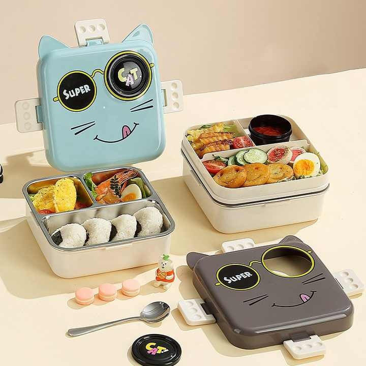 Cartoon Cat design 3 Compartment Kids 304 Stainless Steel Lunch Box Portable 1120+70ml Bento box lunch box