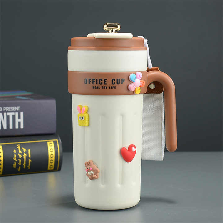 650ml Smart Insulated Stainless Steel Tumbler with Handle, Lid & Straw – Reusable Travel Coffee Mug Gift for Women & Men