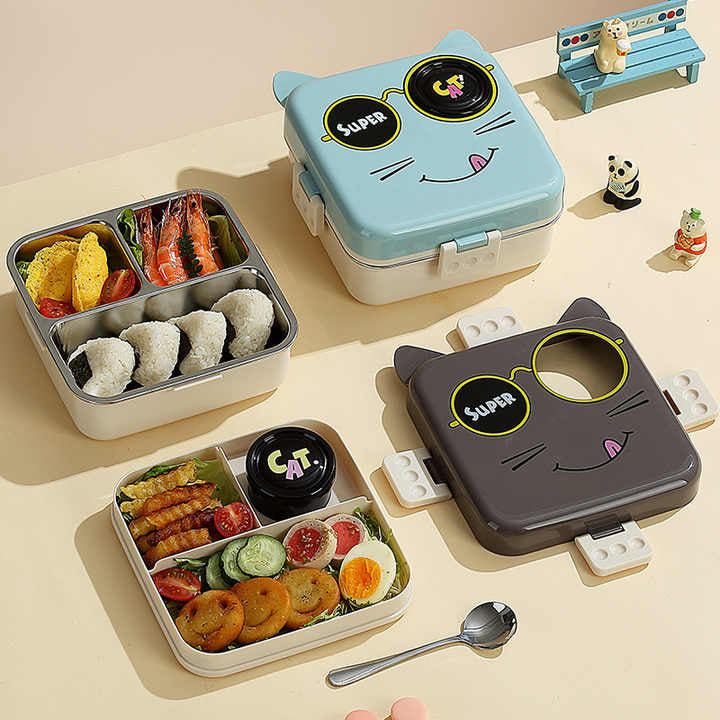 Cartoon Cat design 3 Compartment Kids 304 Stainless Steel Lunch Box Portable 1120+70ml Bento box lunch box