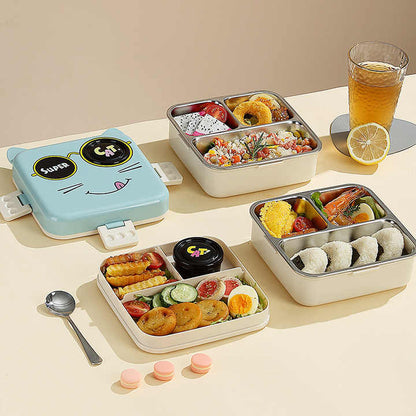 Cartoon Cat design 3 Compartment Kids 304 Stainless Steel Lunch Box Portable 1120+70ml Bento box lunch box